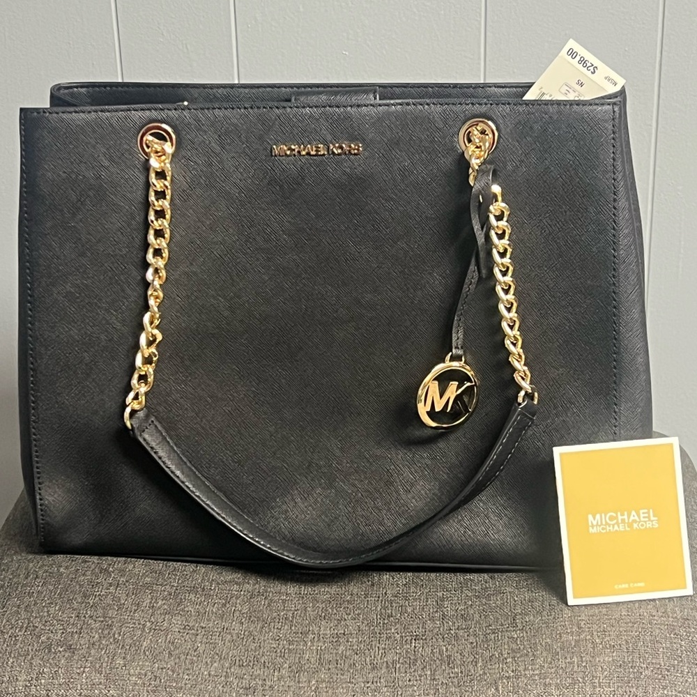Michael Kors Black Saffiano Shoulder Tote with Gold Hardware